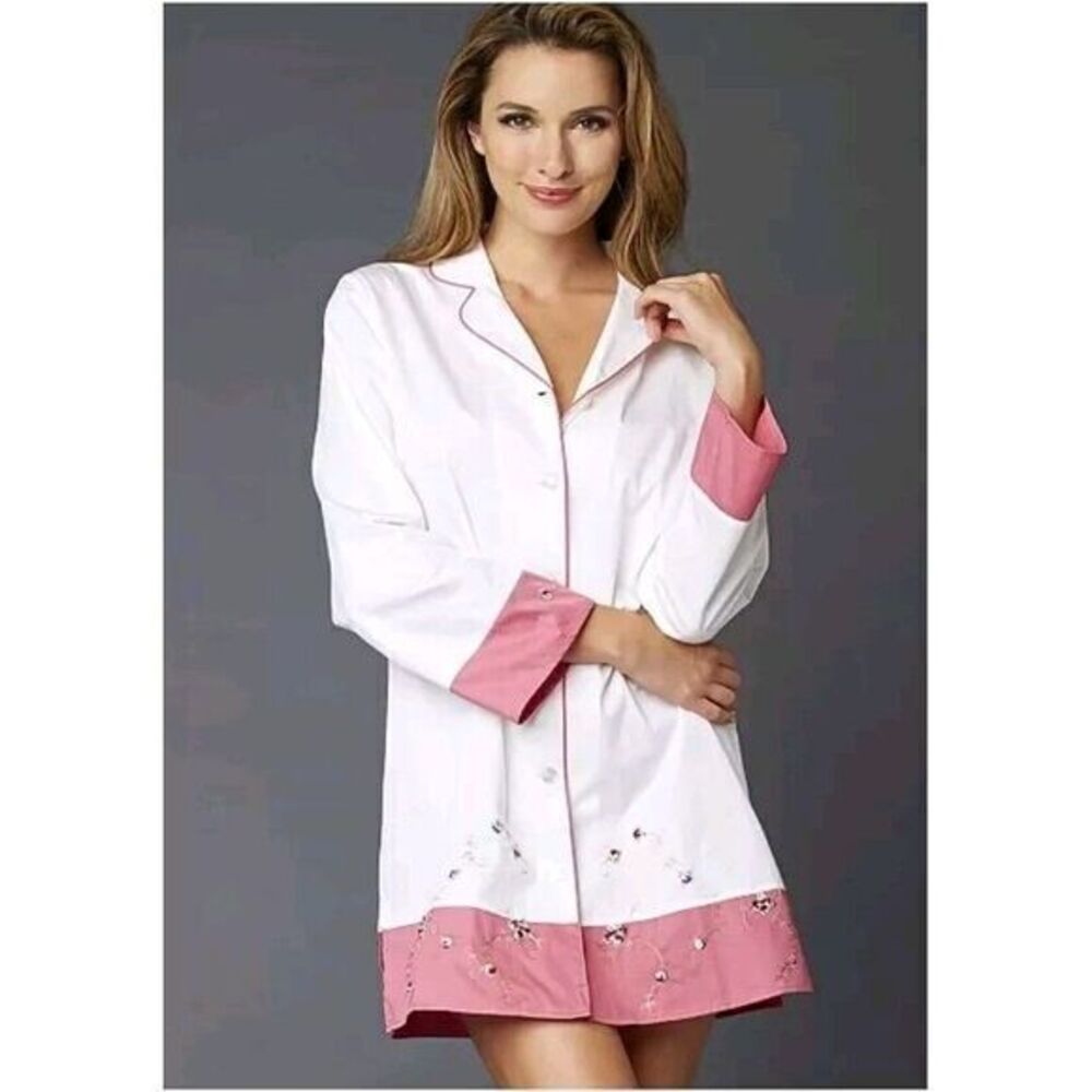 Julianna Rae Sweet Dream‎ Sleepshirt 100% Satin Cotton Floral Embroidered Small